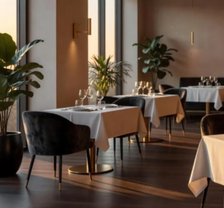 Golden hour view of Au Ssiezen's main dining room