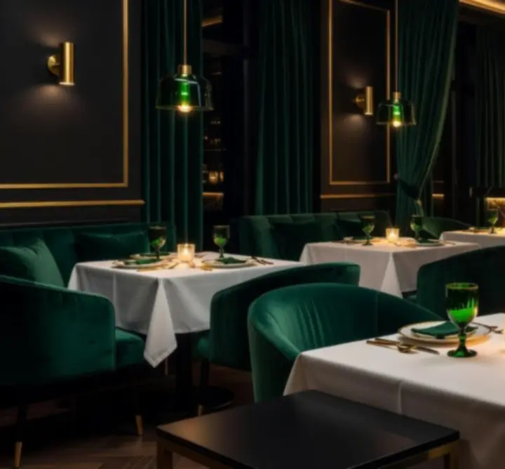 Cinematic evening view of Au Ssiezen's dimly lit lounge and dining room