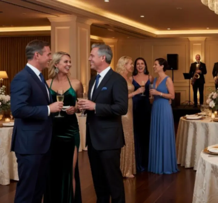 Evening reception at Au Ssiezen with guests gathered in a warm, cinematic lounge.