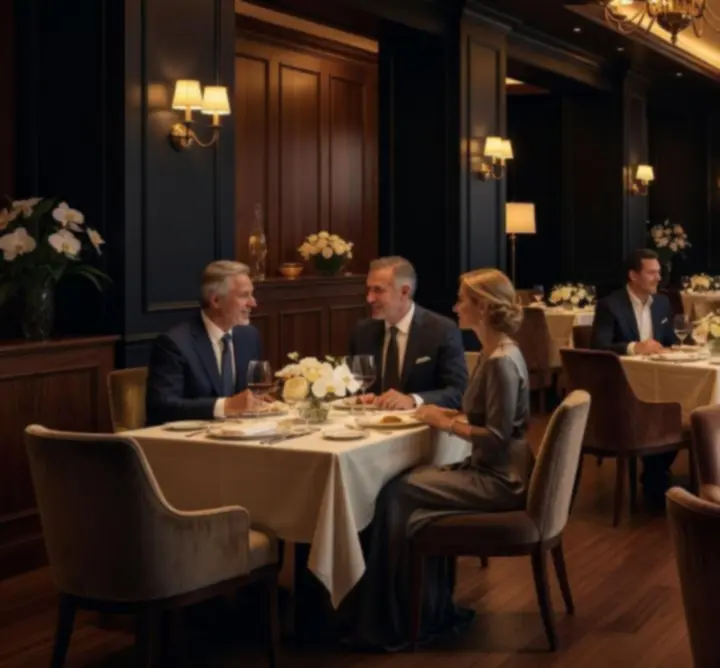 Guests dining in a warmly lit, cinematic restaurant atmosphere at Au Ssiezen