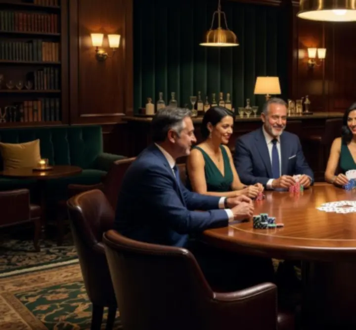 Elegant poker night scene with guests seated around a refined table