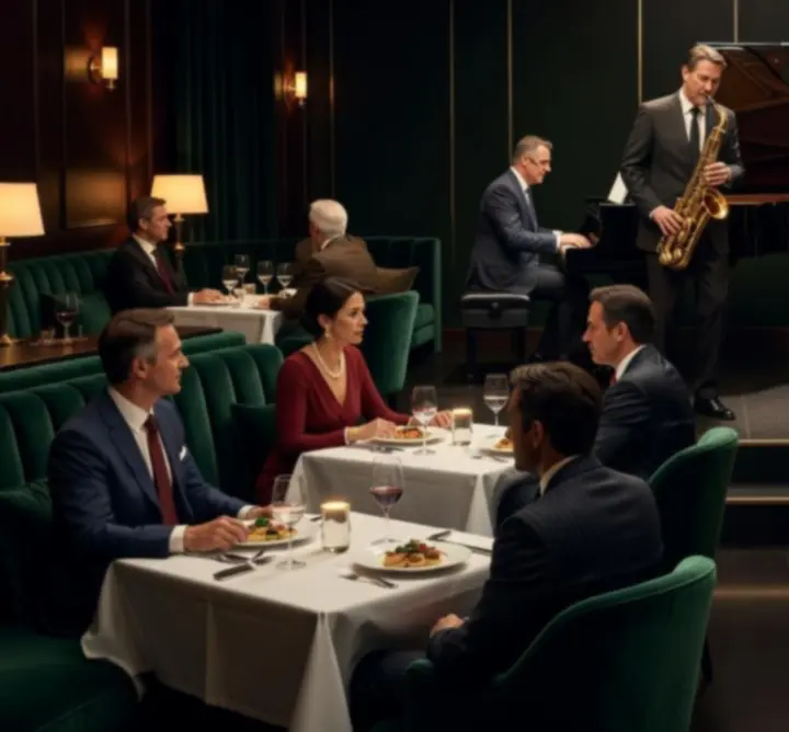 Musician performing live in a dimly lit lounge with guests enjoying the music