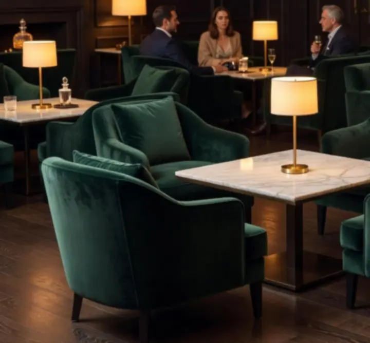 Luxury lounge ambience with deep emerald accents and intimate seating at Au Ssiezen.