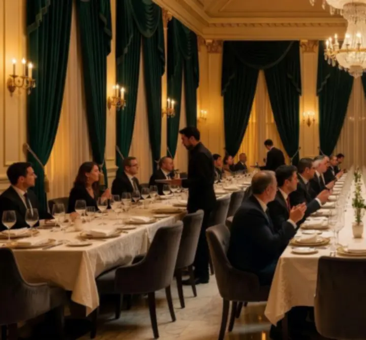 Cinematic main dining hall at Au Ssiezen with emerald accents and ivory table settings.