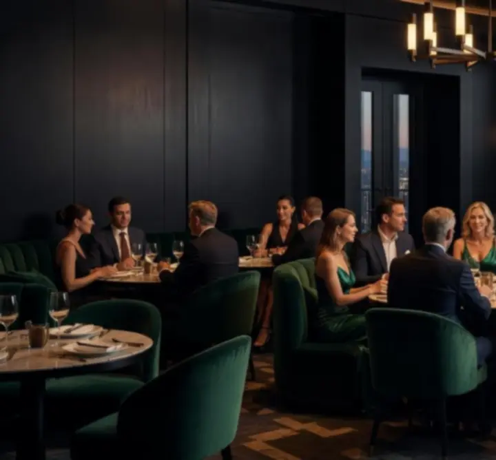 Ambient dining room at Au Ssiezen with candlelit tables and a warm evening glow.
