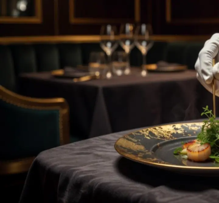 Chef plating an intricate dish in the open kitchen at Au Ssiezen.