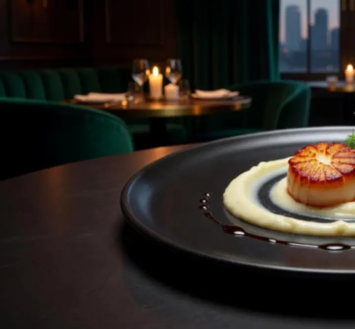 Signature plated dish at Au Ssiezen, lit by warm evening light on a dark table.