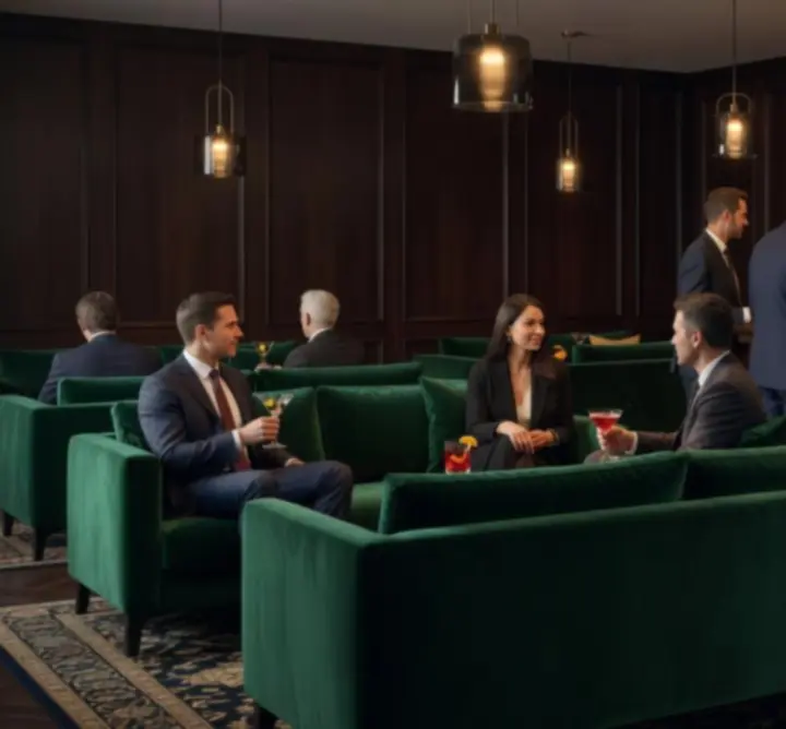 Modern lounge and bar at Au Ssiezen with plush seating and warm gold lighting.