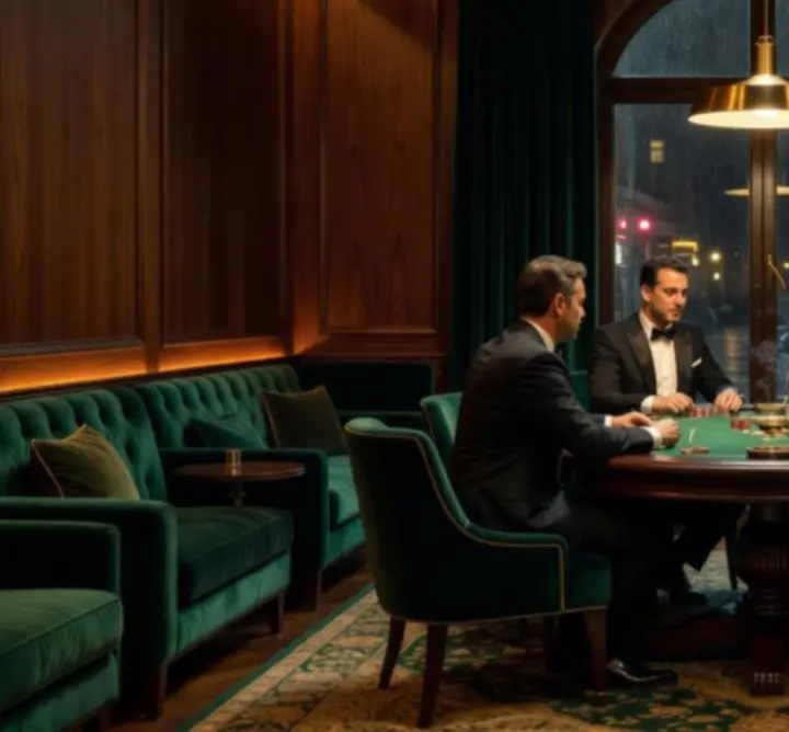Elegant poker lounge at Au Ssiezen with green felt tables and soft lighting.