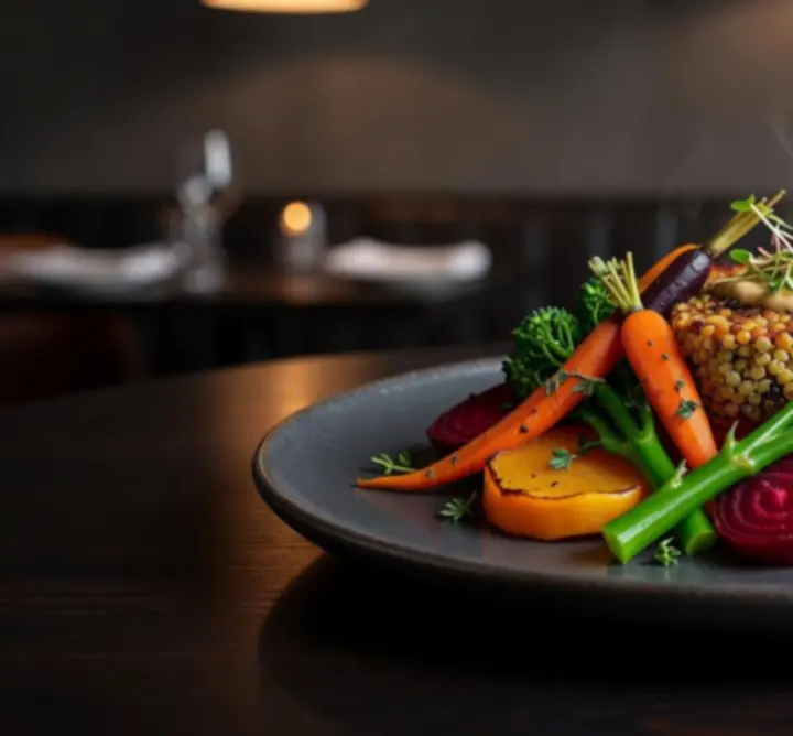 Elegant vegetarian and vegan main courses plated with seasonal vegetables at Au Ssiezen.