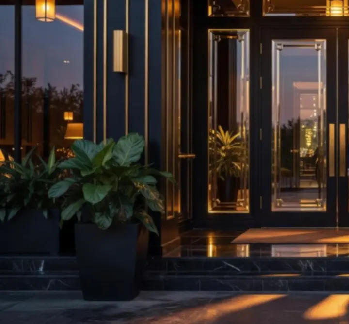 Evening view of Au Ssiezen's cinematic entrance with warm lighting and spacious forecourt.